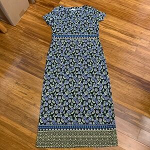 J Jill Floral Print Maxi Dress Size XS Short Sleeve Black Purple Casual Strechy‎
